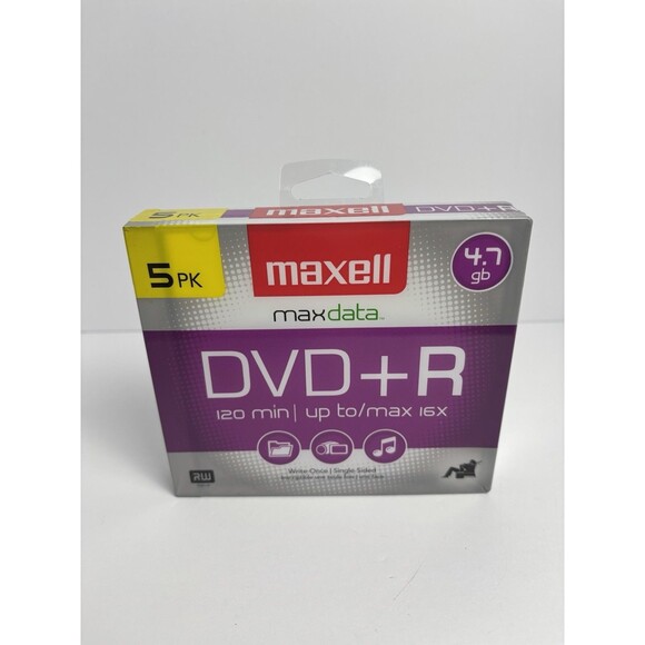 MAXELL DVD+R 16X 4.7GB 120 MINUTE BLANK MEDIA DISCS 5-Pack "BRAND NEW & SEALED" - Picture 1 of 6